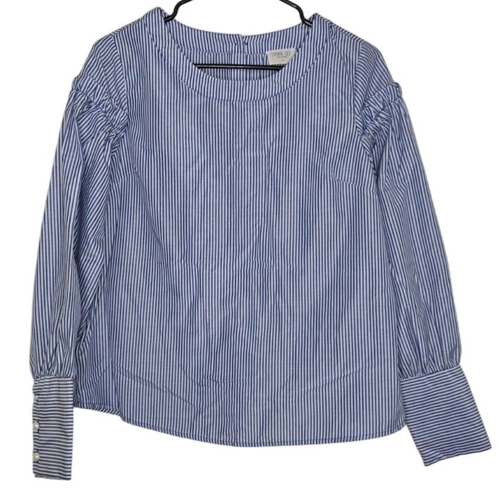 Sienna Sky Women's Blue White Striped Puff Shoulder Pearl Back Button Top Size M - Picture 4 of 9